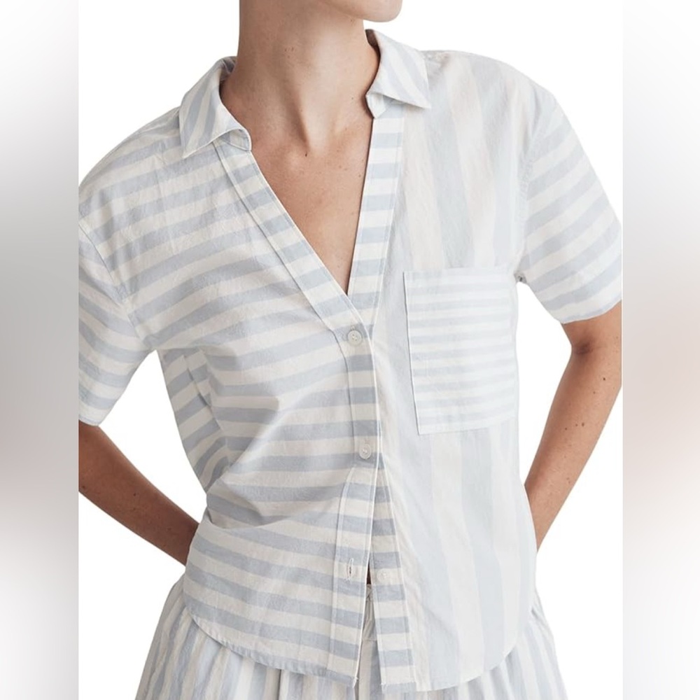 Madewell Y-Neck Button-Up Shirt in Mixed Stripe.